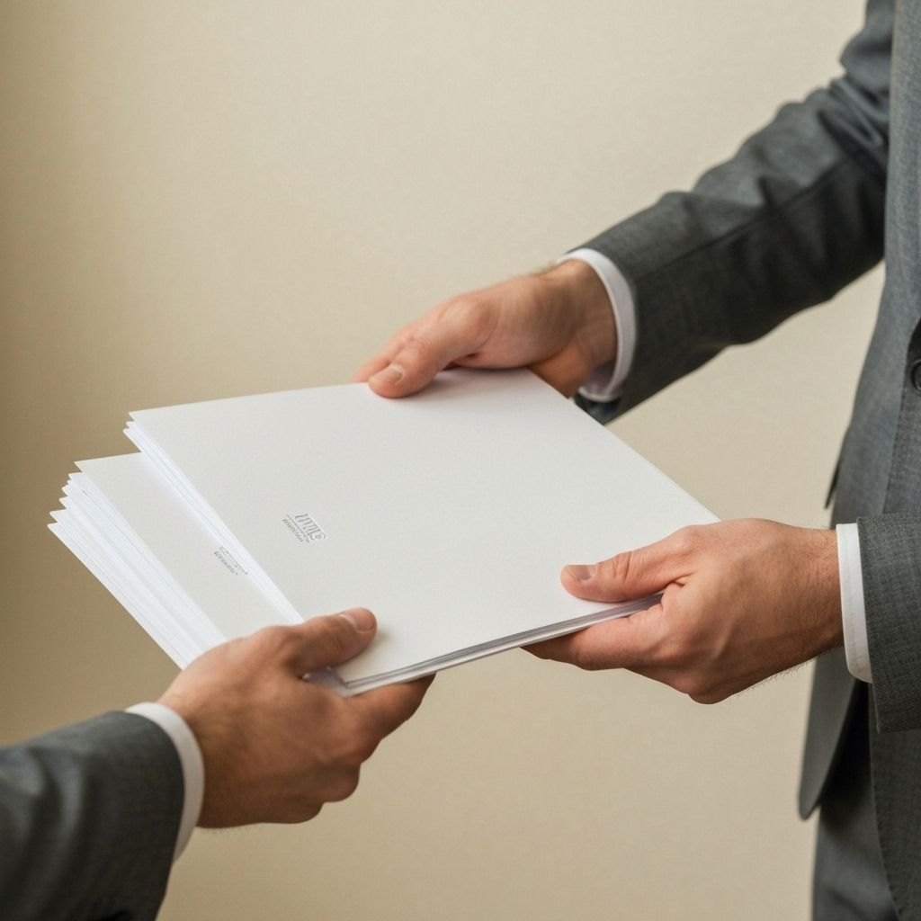 スーツを着用して書類を整理する手元の様子
